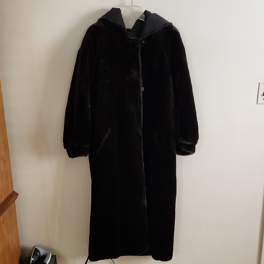 Marvin Richards Vintage Brown Black Faux Fur Maxi Coat Womens Medium.